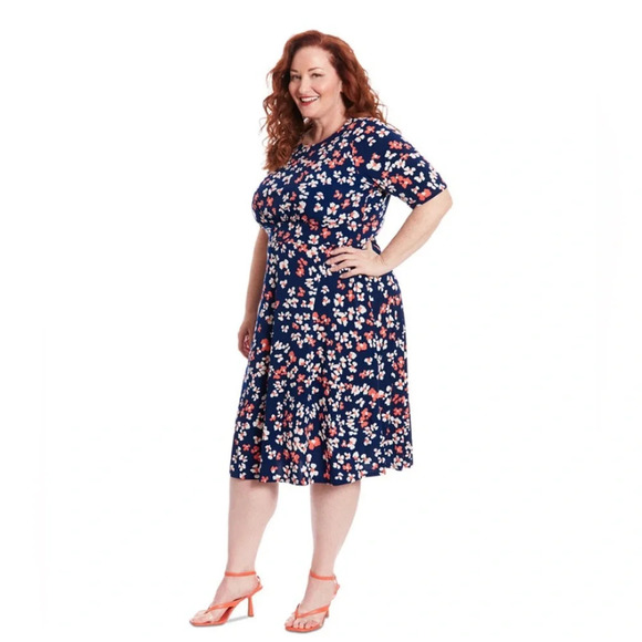 NWT London Times Woman’s Plus Size Printed Jersey A-Line Midi Dress Blue 20W - Picture 1 of 8